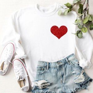 Red glitter heart white graphic sweatshirt